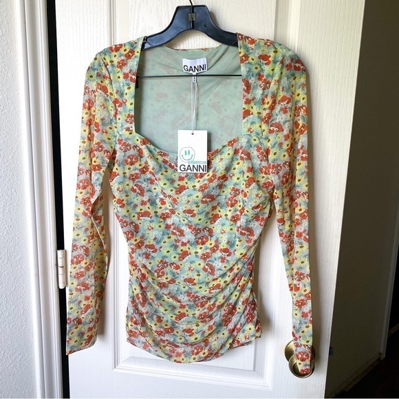 Ganni Top Printed Mesh Ruched Blouse Long Floral Sheer Meadow Celadon 42 NWT - Picture 2 of 8